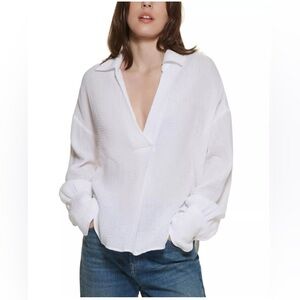 DKNY Collared V Neck Cotton Top Women Size Medium White Long Sleeve